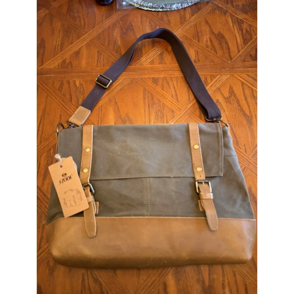 S-ZONE Canvas Leather Messenger Bag Laptop Briefcase Workwear Army Green